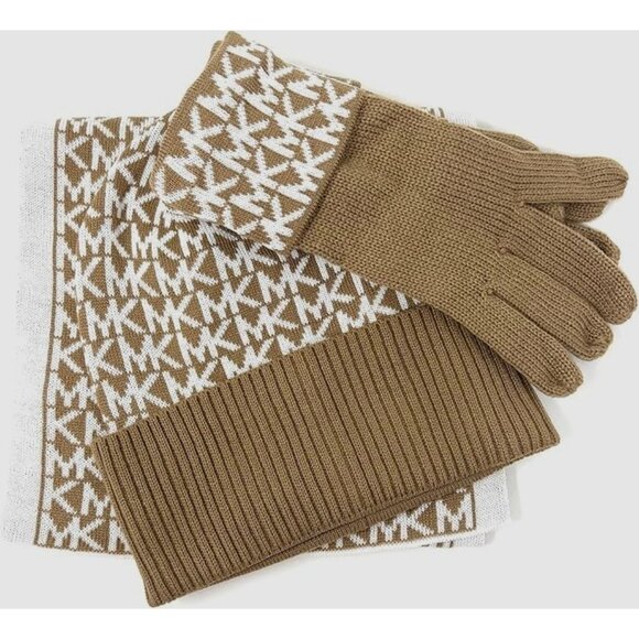 Michael Kors Women's 3 Piece Set Scarf Hat and Gloves Set Camel/Derby Grey - Picture 2 of 6